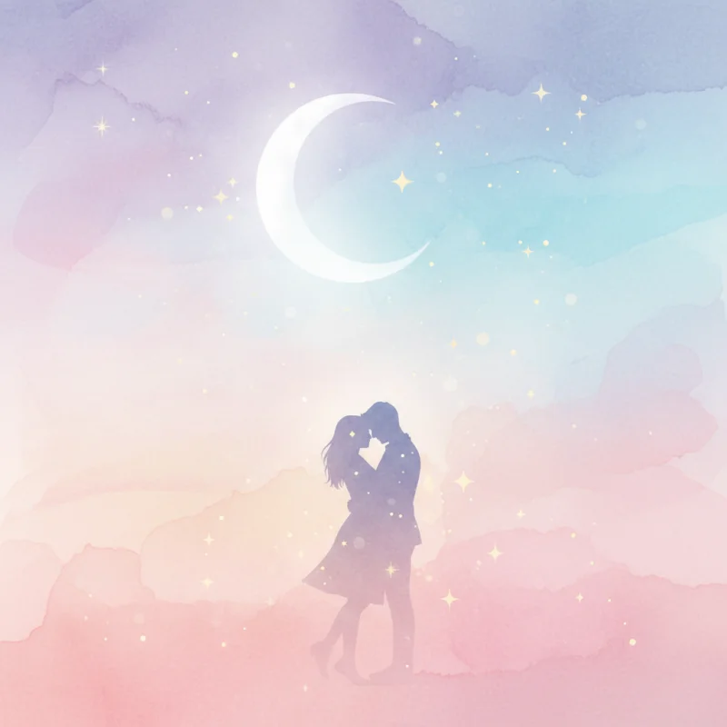 Romantic couple silhouettes under starry night sky with crescent moon