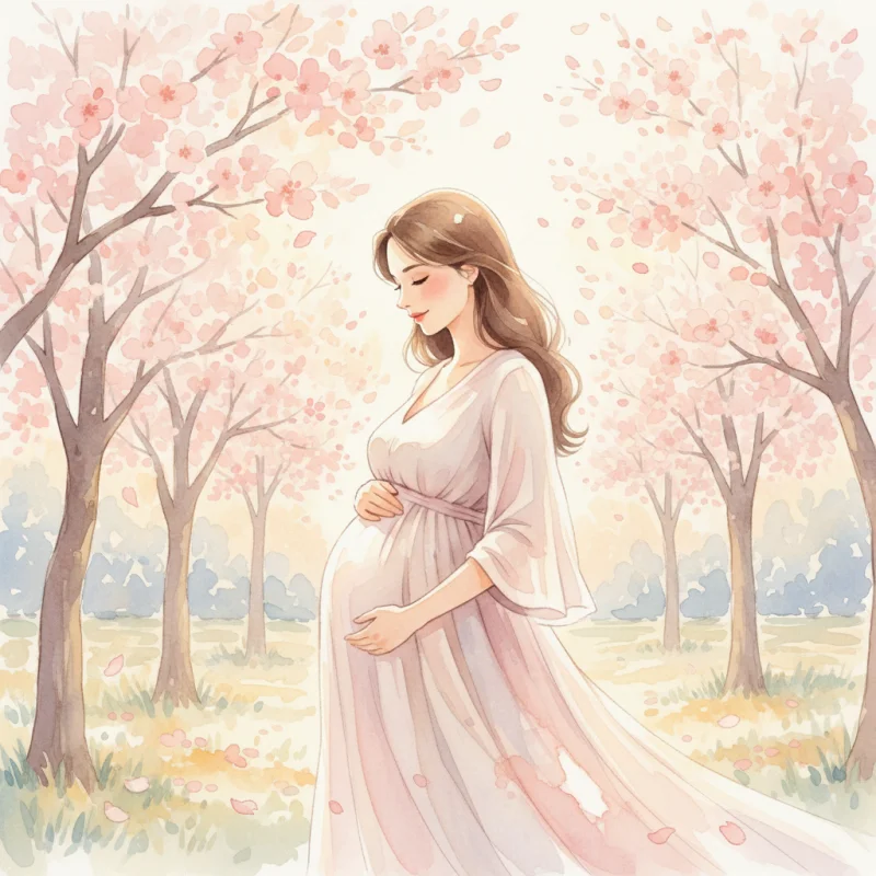 Peaceful pregnant woman in garden setting with soft cherry blossoms