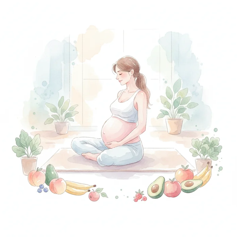 Pregnant woman standing on scale with healthy foods in background